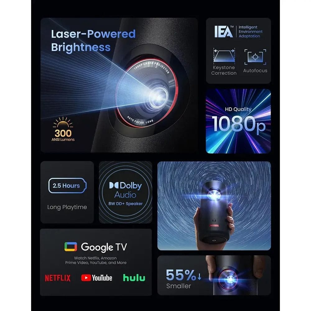 جهاز عرض ليزر محمول Anker Nebula Capsule 3، يدعم Google TV، دقة 1080p Full HD، سطوع 300 لومن ANSI، صوت Dolby | أسود - D2425212