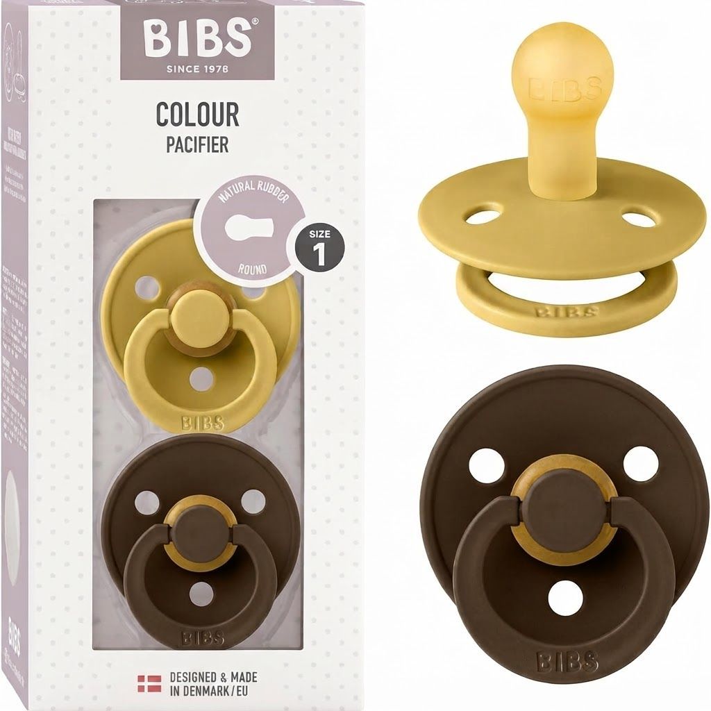 عبوة من لهايتين BIBS بحلمة دائرية من اللاتكس مقاس 1، لعمر 0-6 أشهر، فتحات لتهوية الهواء، شكل حلمة دائري، تصميم خفيف وكلاسيكي - خردلي / موكا