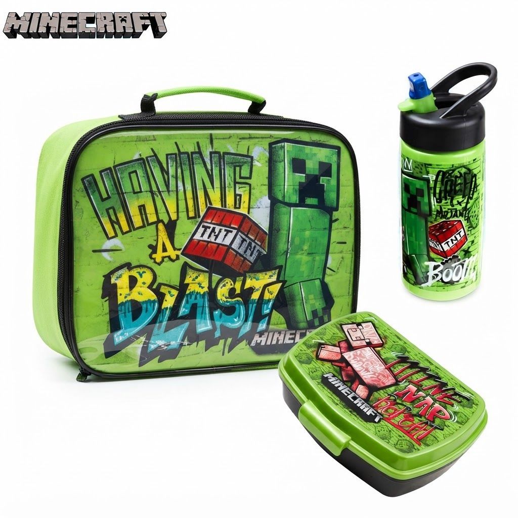 Minecraft 3-Piece Kids Lunch Bag Set, Insulated Lunch Box with Snack Container & 420ml Water Bottle