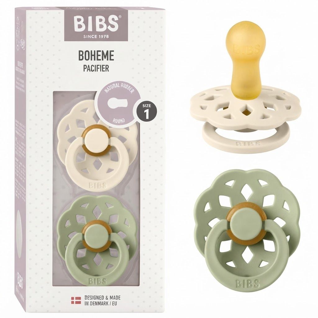 BIBS Boheme Pacifiers Size 1 0+ Months 2 Pack, Natural Rubber Latex Nipple, Seamless Feeding Transition, Gentle Shield Design - Ivory/Sage