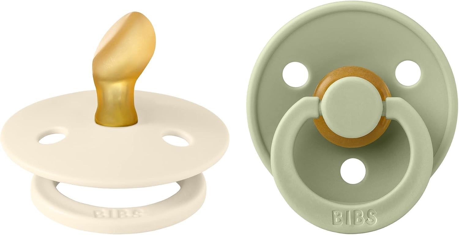BIBS Latex Anatomical Pacifier Size 1 0-6 Months 2 Pack, Air Releasing Valve, Anti-Irritation Shield, Flexible And Durable Design - Ivory/Sage