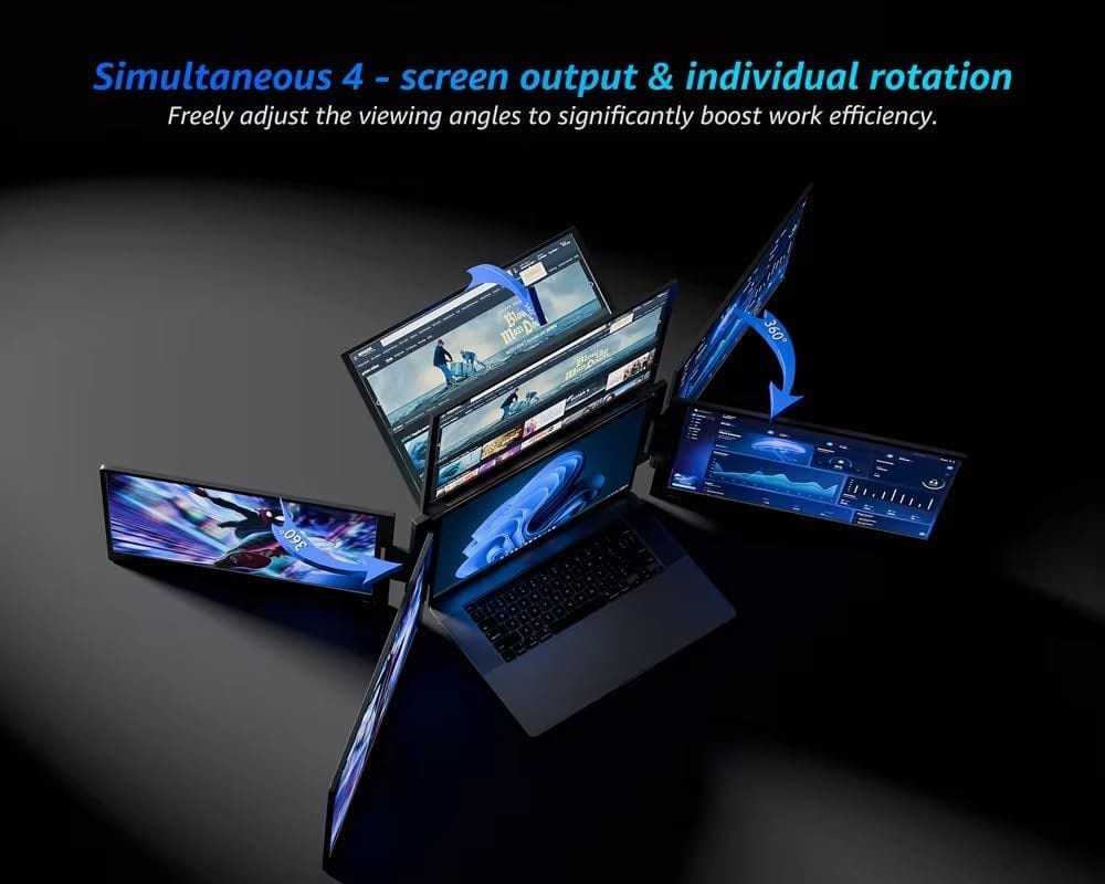 V2COM Laptop Screen Extender 15.6" 1080P FHD Portable Monitor Triple Screen for 12"-17.3" Windows Mac, Aluminum Quad Foldable, Built-in Stand, Auto Rotation - Silver