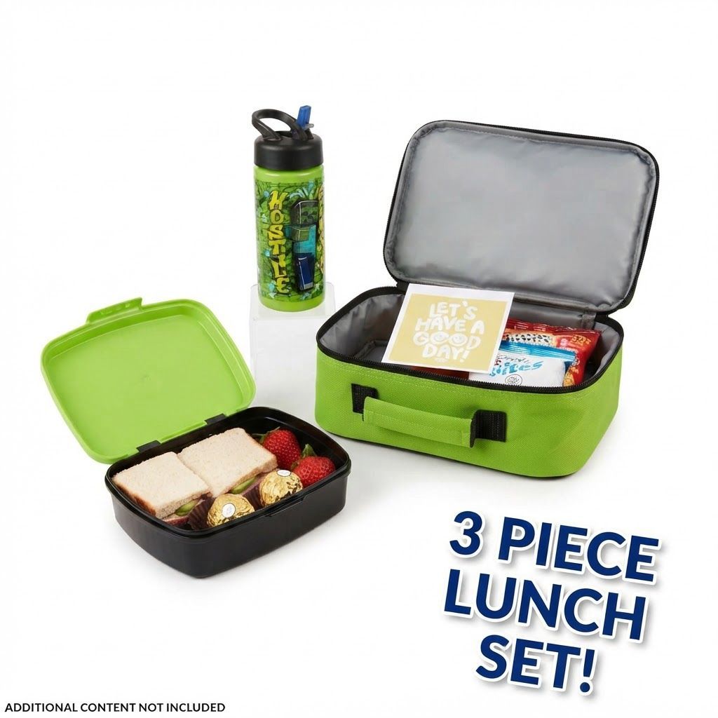 Minecraft 3-Piece Kids Lunch Bag Set, Insulated Lunch Box with Snack Container & 420ml Water Bottle