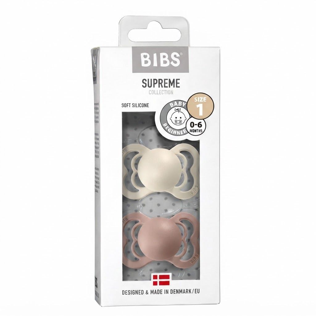 BIBS Supreme Pacifiers Size 1 0+ Months 2 Pack, Natural Rubber Latex Nipple, Generous Ventilation Openings - Ivory/Blush