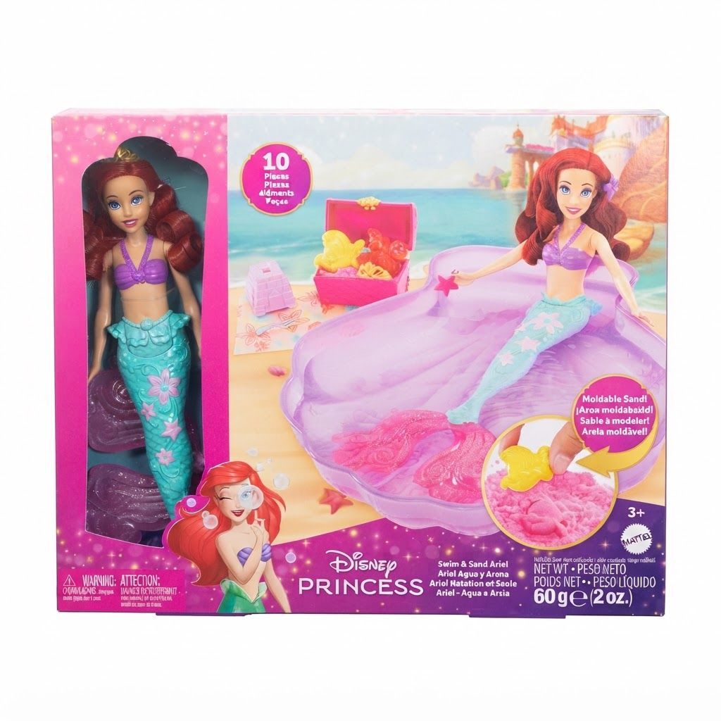 Mattel Disney Princess Ariel Mermaid Doll & Pool Playset, Moldable Sand, 3 Sand Molds, Beach Accessories & Doll