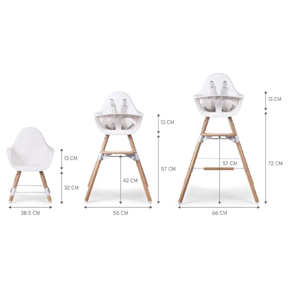 Childhome 2-in-1 Adjustable Wooden High Chair Booster Toddler Seat 75cm & 50cm Table Height 5-Point Harness Natural White | CHEVOCHNW
