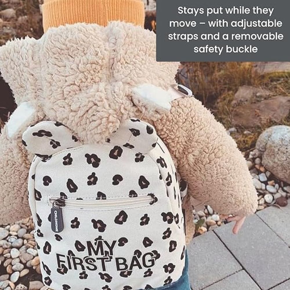 Childhome Canvas Kids My First Bag, Leopard Pattern, Adjustable And Removable Chest Strap, Water-Resistant Fabric, Secure And Comfortable Design - Ecru