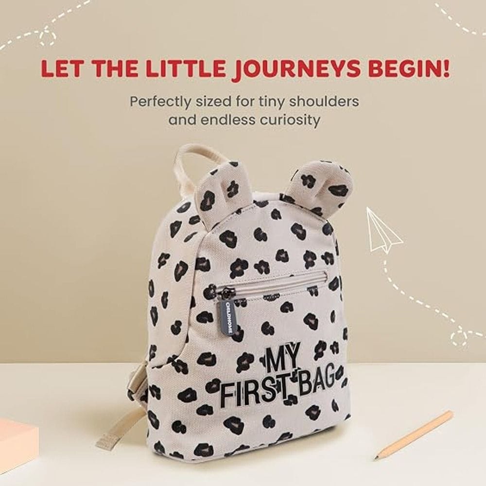 Childhome Canvas Kids My First Bag, Leopard Pattern, Adjustable And Removable Chest Strap, Water-Resistant Fabric, Secure And Comfortable Design - Ecru