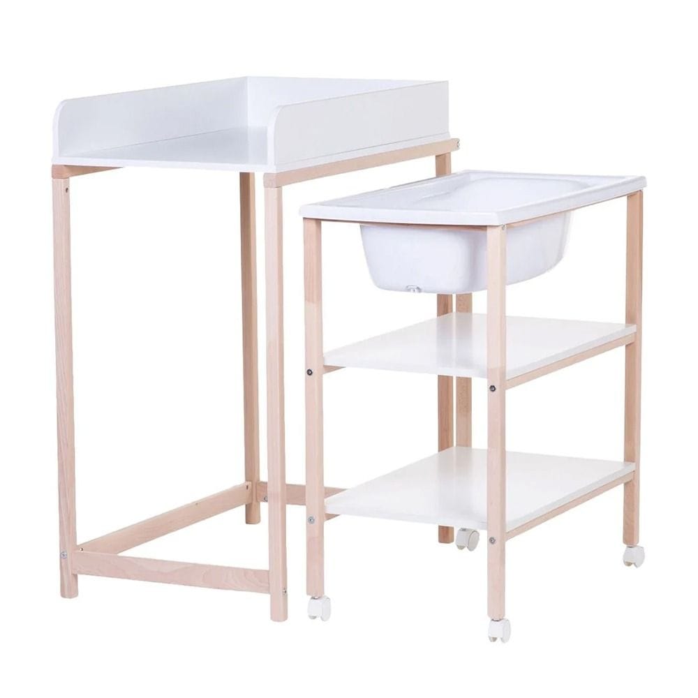 Childhome Changing Table And Bath With Wheels (Box 1/2), Compact Storage, Extra-Large Care Unit, Lockable Wheels - Natural White