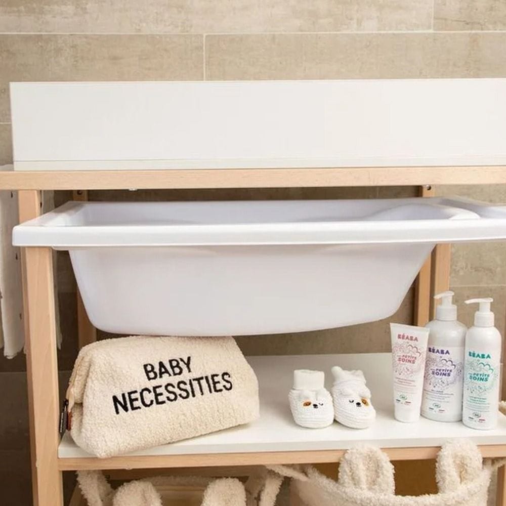 Childhome Changing Table And Bath With Wheels (Box 1/2), Compact Storage, Extra-Large Care Unit, Lockable Wheels - Natural White