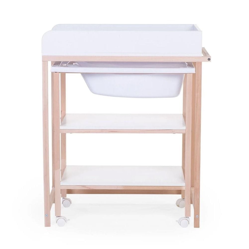 Childhome Changing Table And Bath With Wheels (Box 1/2), Compact Storage, Extra-Large Care Unit, Lockable Wheels - Natural White