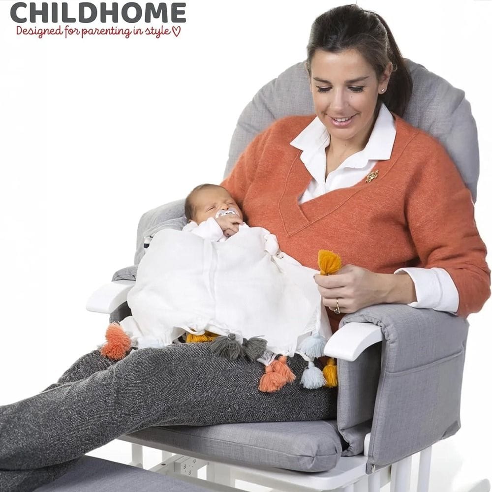 Childhome Nursery Gliding Rocking Chair with Gliding Footrest Thick Cushions Padded Arms Solid Beech 80kg Max Canvas Grey | CHGLCG