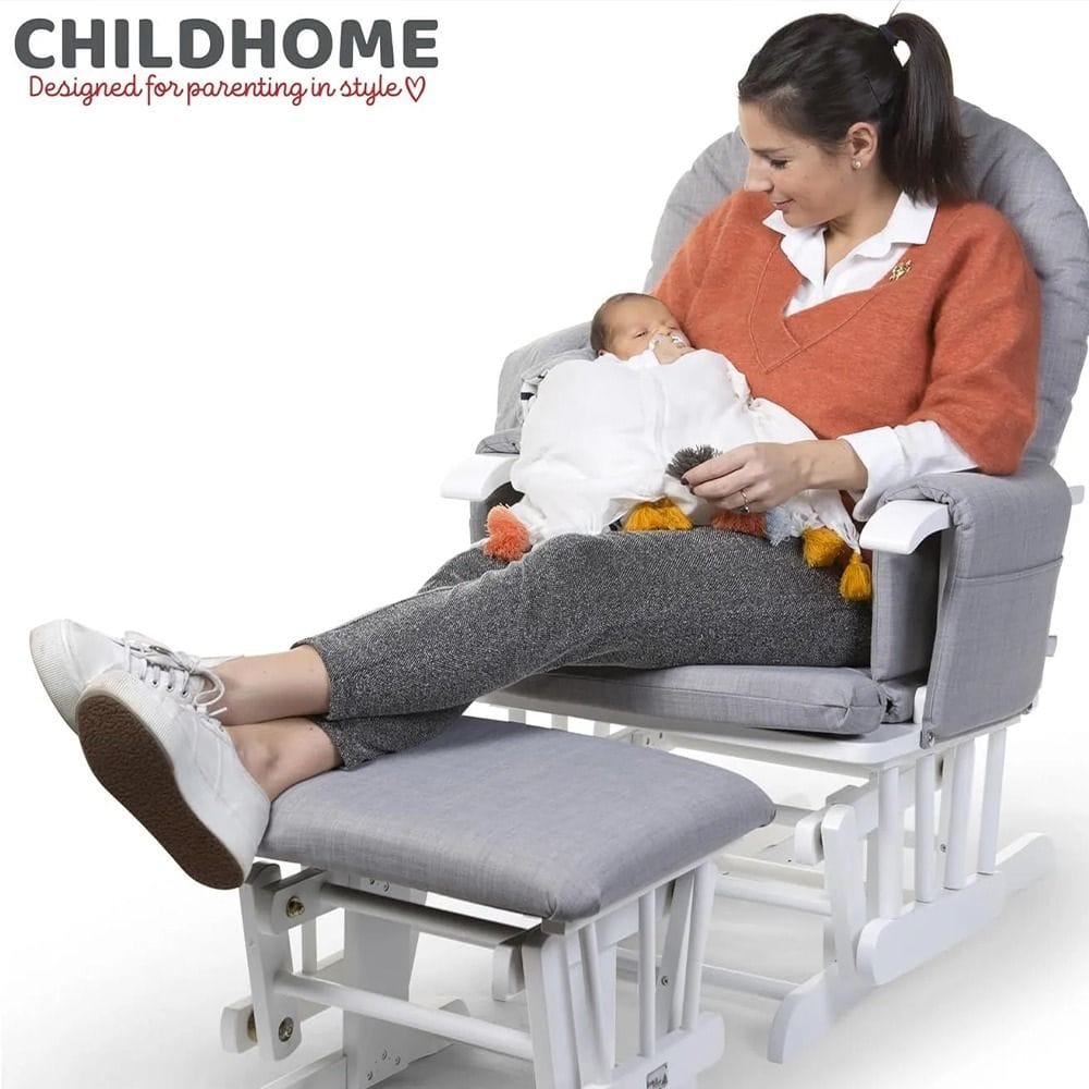 Childhome Nursery Gliding Rocking Chair with Gliding Footrest Thick Cushions Padded Arms Solid Beech 80kg Max Canvas Grey | CHGLCG