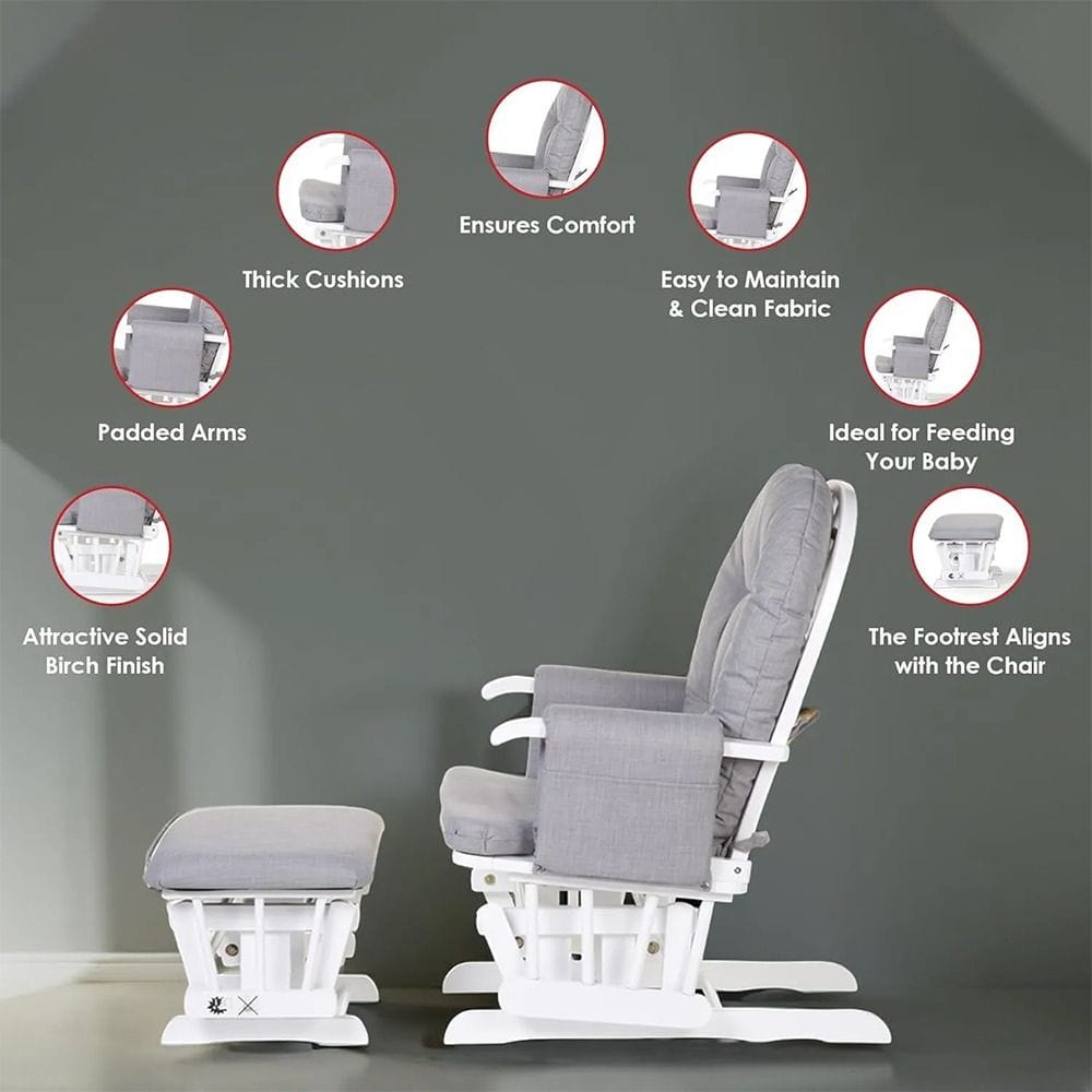 Childhome Nursery Gliding Rocking Chair with Gliding Footrest Thick Cushions Padded Arms Solid Beech 80kg Max Canvas Grey | CHGLCG
