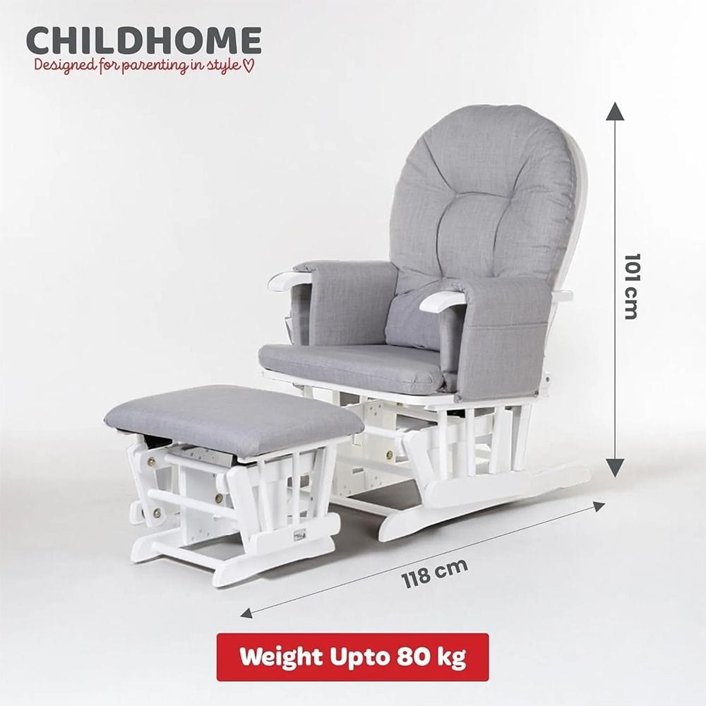 Childhome Nursery Gliding Rocking Chair with Gliding Footrest Thick Cushions Padded Arms Solid Beech 80kg Max Canvas Grey | CHGLCG