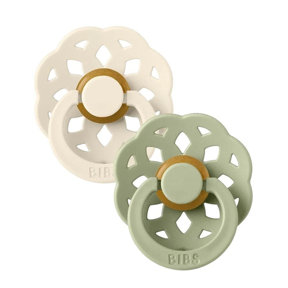 BIBS Boheme Pacifiers Size 1 0+ Months 2 Pack, Natural Rubber Latex Nipple, Seamless Feeding Transition, Gentle Shield Design - Ivory/Sage