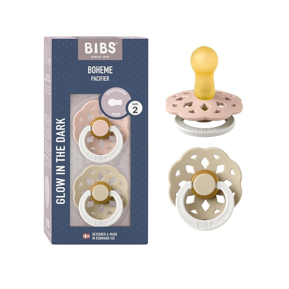 عبوة من لهايتين BIBS بوهم المضيئة مقاس 1، لعمر +0 أشهر، حلمة من اللاتكس المطاطي الطبيعي، انتقال سلس للرضاعة، تصميم واقٍ لطيف - وردي فاتح مضيء / فانيلا مضيء