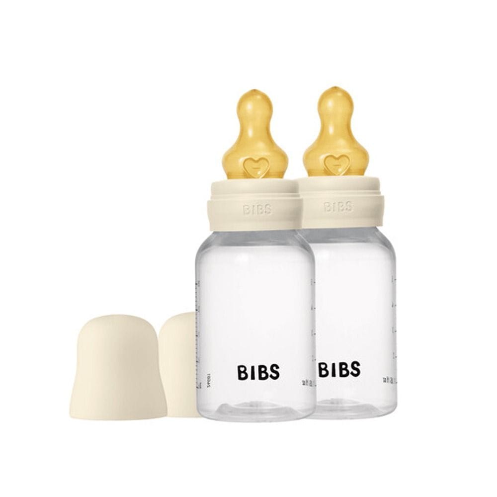 عبوة من رضاعتين BIBS بحلمة دائرية من اللاتكس، 150 مل، لعمر +0 أشهر، حلمة بتدفق بطيء، تصميم نحيف وخفيف، انتقال سهل بين الرضاعة، تصميم مضاد للمغص - عاجي