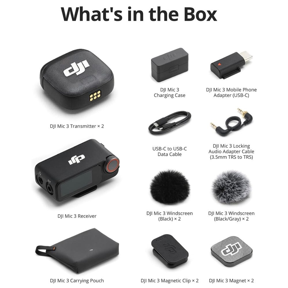 DJI Mic 3 Combo Wireless Microphone System, 2 Transmitters & 1 Receiver, Charging Case, 32-Bit Float Recording, Intelligent Noise Cancellation & Long Range Audio | Black - 6937224116344
