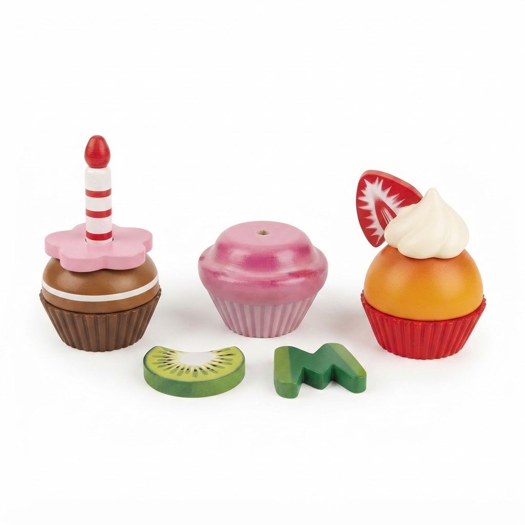 Hape Wooden Cupcake Set - 18-Piece Pretend Play Food Kitchen Toy with Colorful Toppings & Fruits