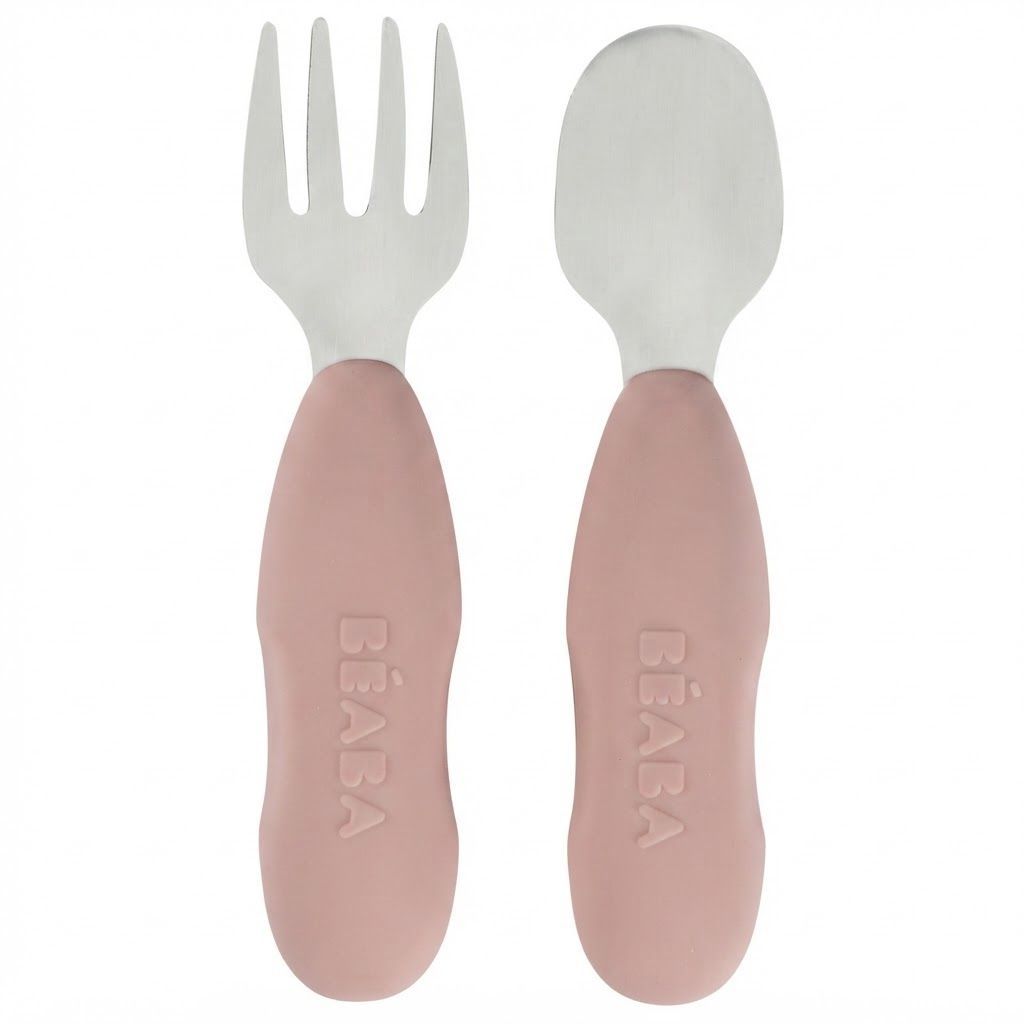 Beaba Stainless Steel Pre-Cutlery Fork And Spoon Set of 2, Short Handle With Rounded Lines, Symmetrical Shape, Shallow Spoon - Cotton Candy