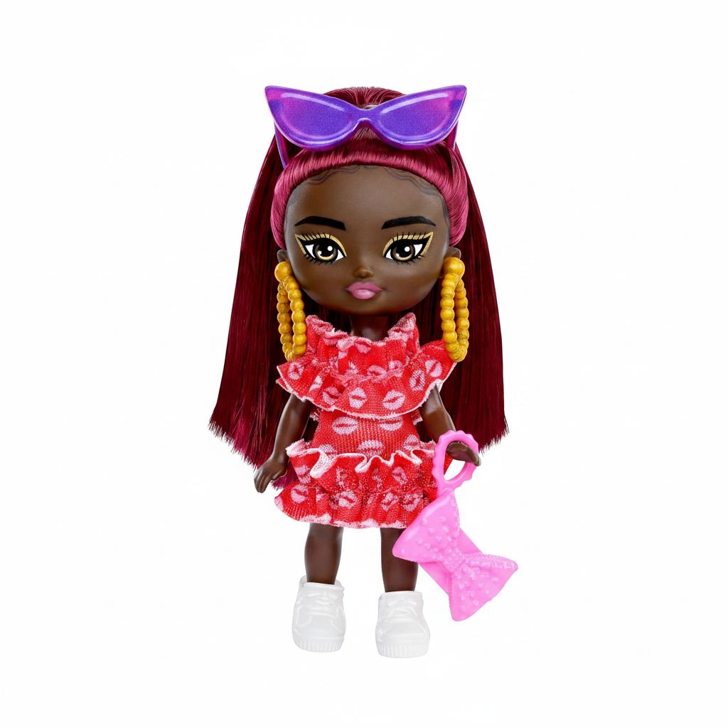 Barbie Extra Mini Doll with Burgundy Hair, Red Dress & Accessories - HLN47