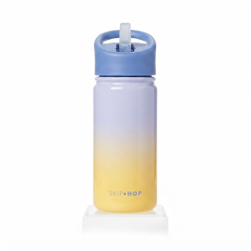 Skip Hop Outer Space Wander Stainless Steel Straw Bottle 450ml, Flip-Up Straw With Leak-Resistant Design, Easy-Grip Carry Handle - Ombre Blue