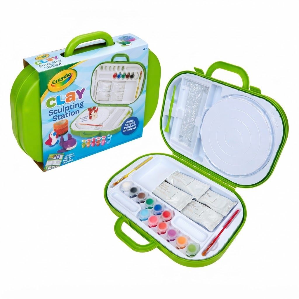 Crayola Clay Sculpting Station with Pottery Wheel, Kids Art Set for Boys & Girls Ages 6-9, Green – 6-9 Years, Air Dry Clay