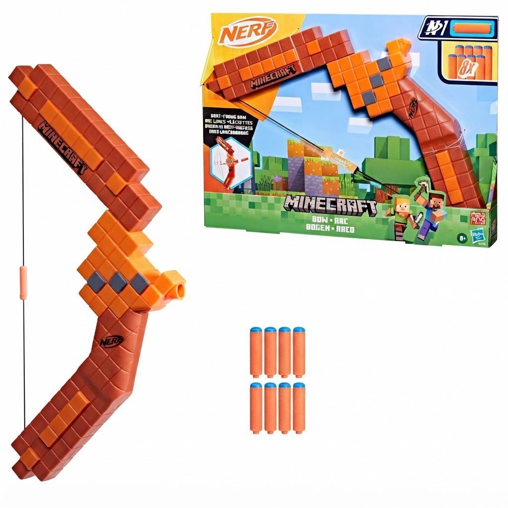 Nerf Minecraft Bow Dart Blaster with 8 N Series N1 Darts - Authentic Gaming Design, Easy String