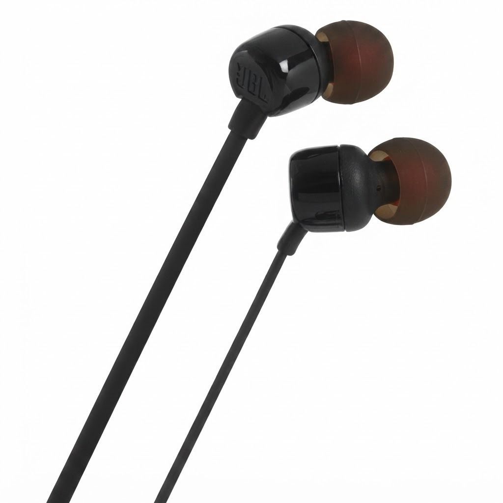 JBL Tune 110 Wired In-Ear Headphones, JBL Pure Bass Sound, 1-Button Remote & Mic, Tangle-Free Flat Cable | Black - JBLT110BLK
