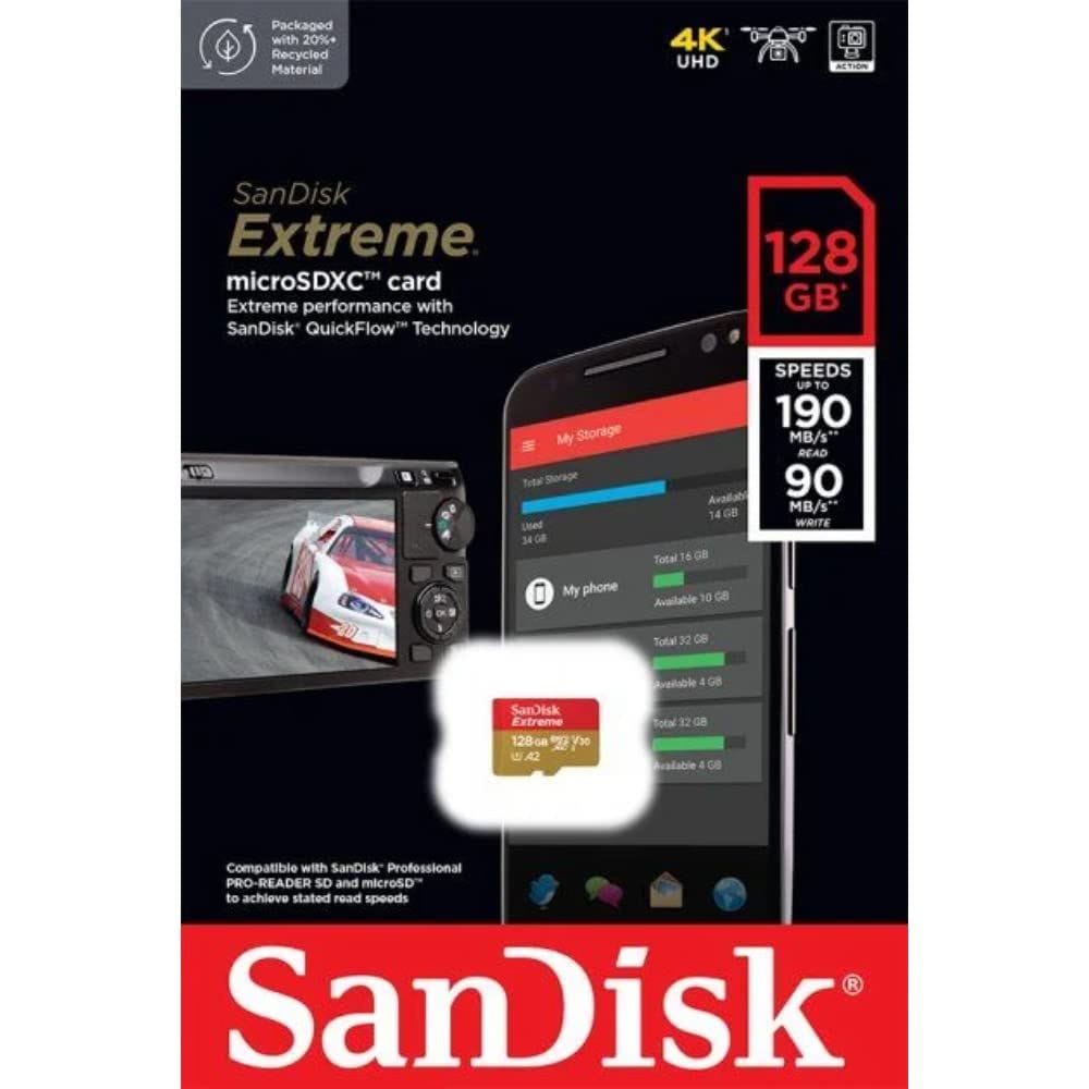 سانديسك إكستريم microSDXC UHS-I سعة 128 جيجابايت، فئة V30، بسرعة قراءة 190 ميجابايت/ثانية وكتابة 90 ميجابايت/ثانية لتصوير فيديو 4K، أحمر/ذهبي