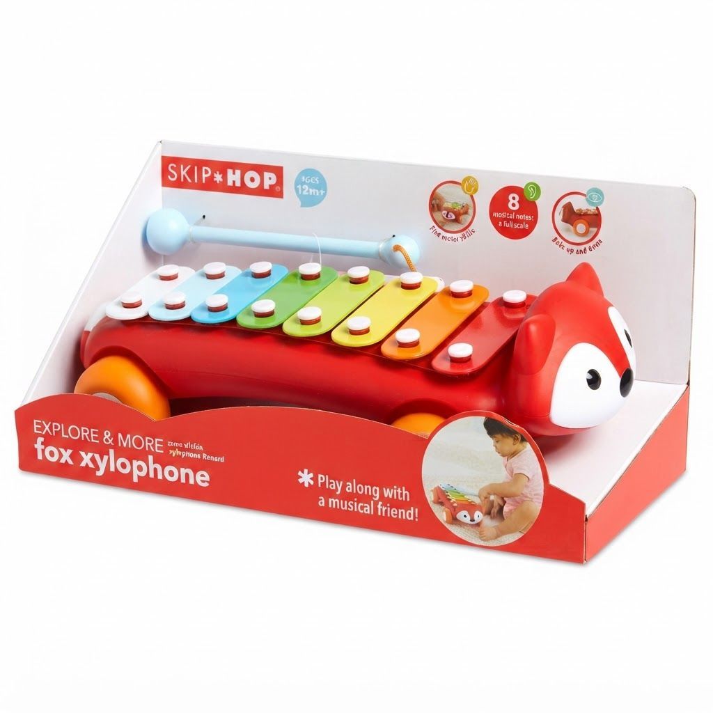 Skip Hop Explore And More Xylophone Fox Toy 12+ Monthss, Supports Fine Motor Skill Development, Portable Musical Play With Attached Mallet - Multicolour