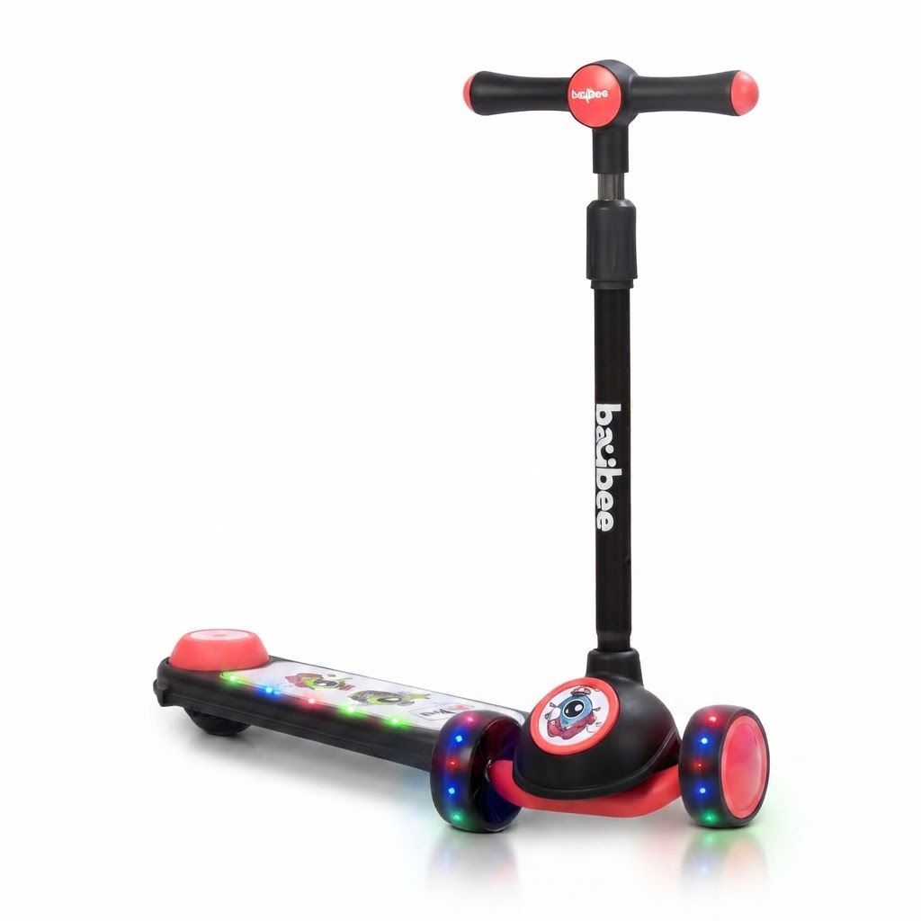 Baybee Sonic 3-Wheel Kids Scooter, Adjustable Height Kick Scooter with LED Light-Up PU Wheels, Lean-to-Steer, Black