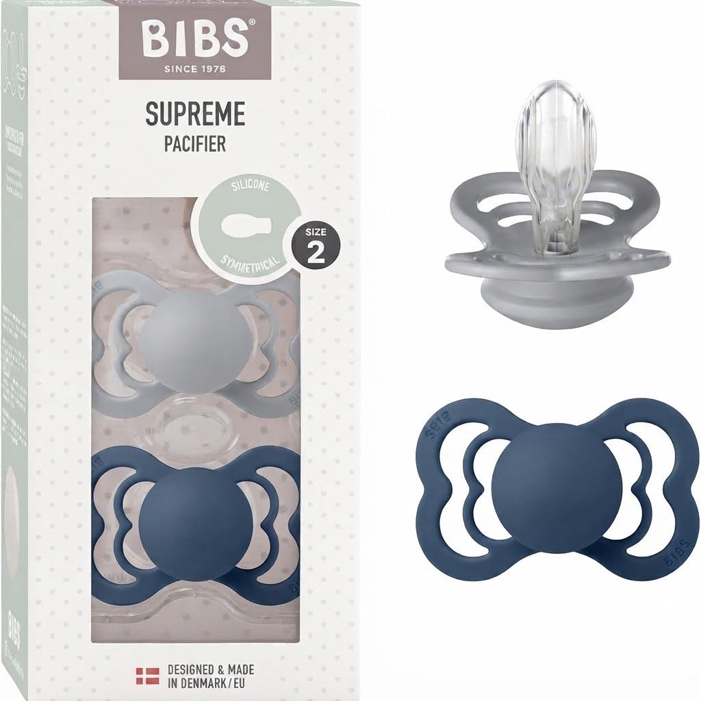 BIBS Supreme Pacifiers Size 2 6+ Months 2 Pack, Natural Rubber Latex Or Silicone, Generous Ventilation Openings - Cloud/Steel Blue