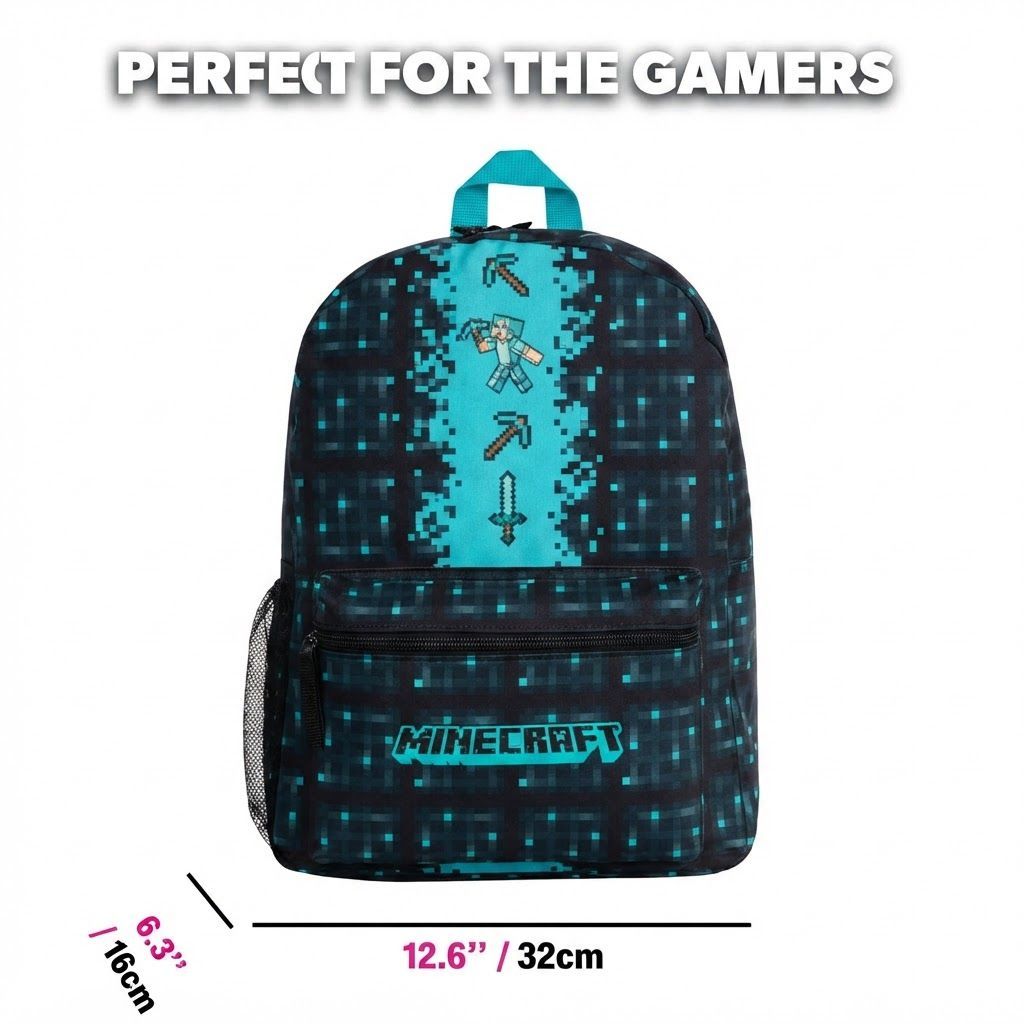 Minecraft Kids School Backpack for Boys & Girls, Official Licensed Gamer Daypack with Padded Straps