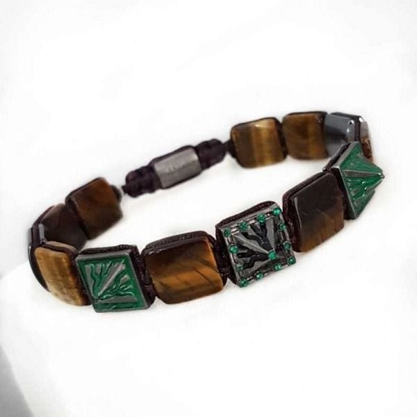 Eastwest Volcano Series Bracelet, 925 Sterling Silver Beads, Green Swarovski Stones, Natural Tigereye & Hematite Stones