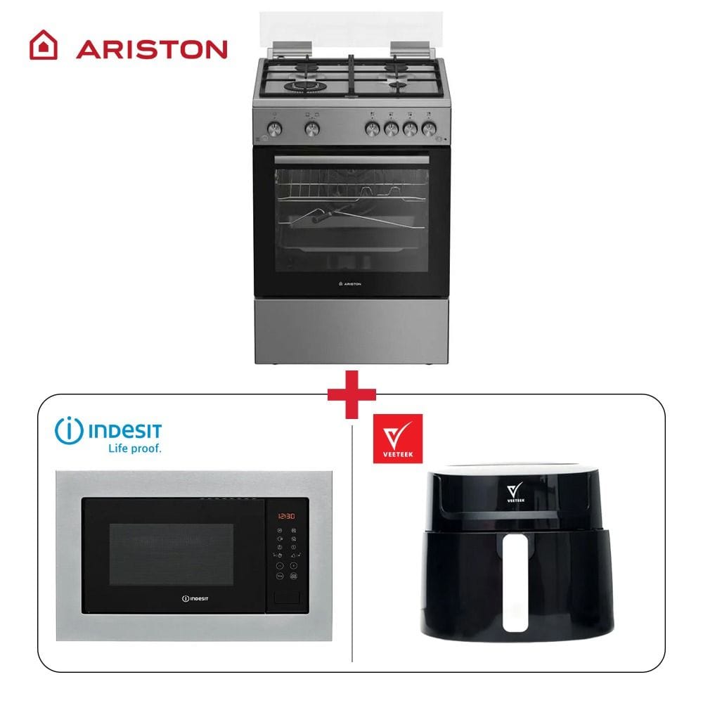 Ariston 60cm Freestanding Cooking Range 4 Gas Burners Stainless Steel + Indesit 25Ltr Built-In Microwave Oven with Grill Function + Veeteek 6.5L Air Fryer 1800W Black Bundle (301004000000229 + 301003000000109 + 603001000010486)