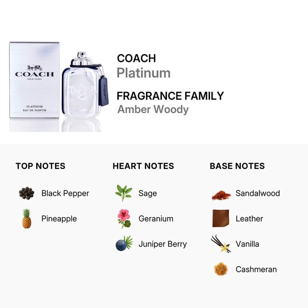 Coach Platinum Eau de Parfum for Men, Warm Woody Amber Fragrance with Black Pepper, Pineapple, Vanilla & Leather - 100ml