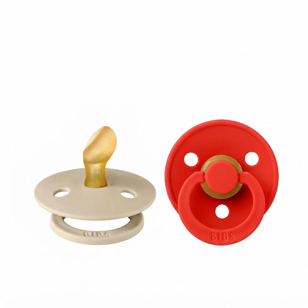 BIBS Latex Anatomical Pacifier Colour Size 1 0+ Months 2 Pack, Air Releasing Valve, Anti-Irritation Shield, Skin-Like Softness - Vanilla/Candy Apple