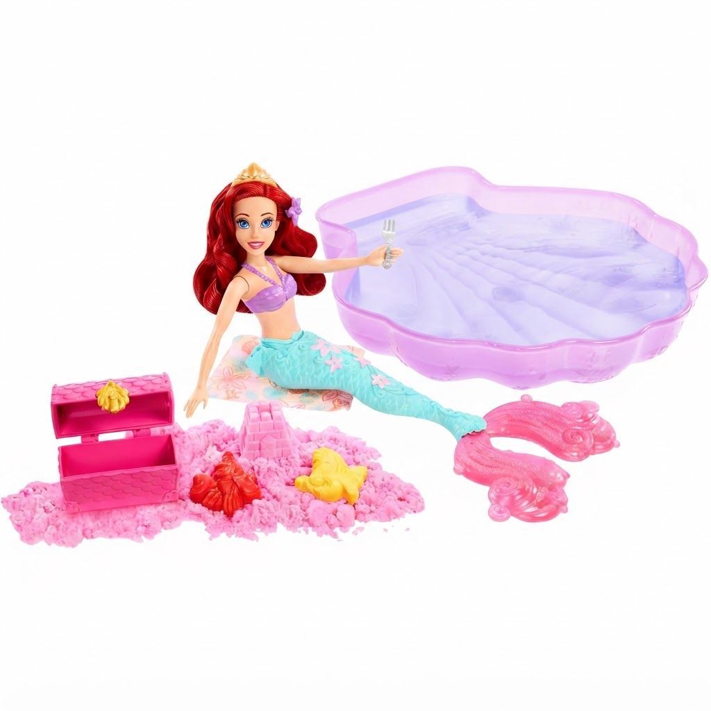 Mattel Disney Princess Ariel Mermaid Doll & Pool Playset, Moldable Sand, 3 Sand Molds, Beach Accessories & Doll