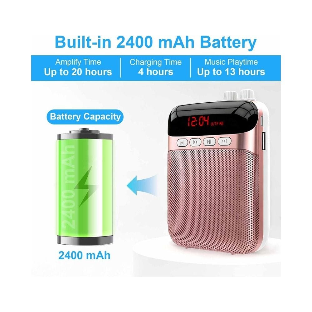 Portable Voice Amplifier with Bluetooth Rechargeable 2400mAh Waistband Megaphone Speaker & Wired Headset Mic, 10W Output, Up to 20H Playtime