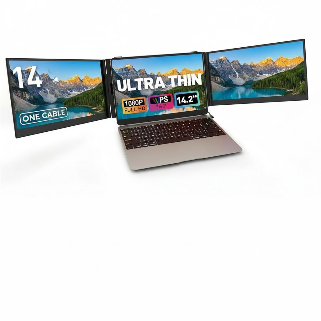 V2COM 14" Triple Laptop Screen Extender, One Cable USB-C Portable Monitor, FHD 1080P Ultra-Thin Lightweight Triple Screen for 1317" Laptops - Black