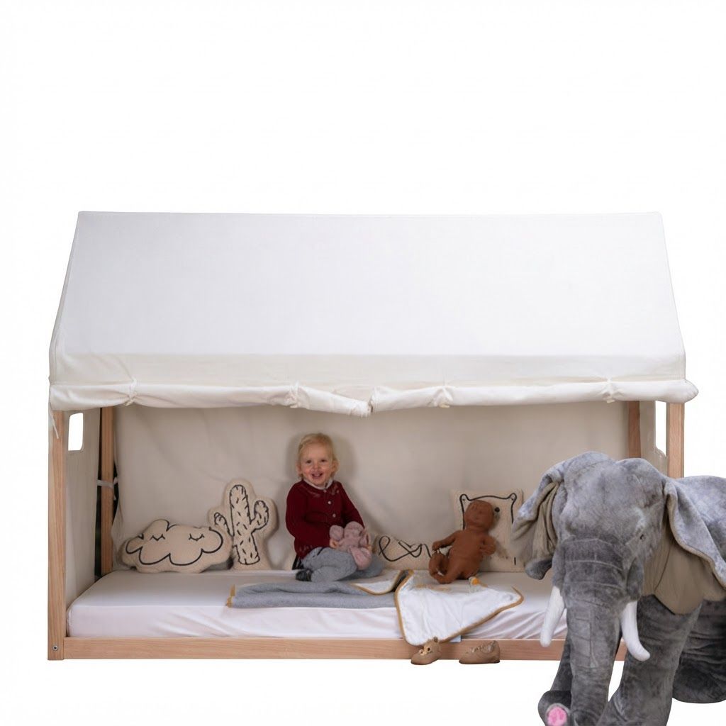 Childhome Bed Frame House Cover 90x200cm, Handy Windows, Roll-Up Sides, Very Easy To Attach - White