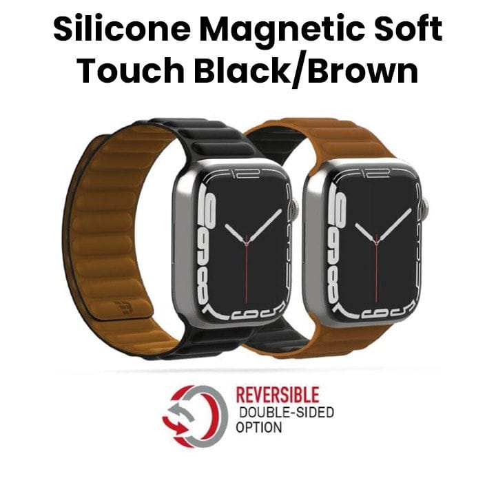 BAYKRON Apple Watch Band 42/44/45mm Premium Silicone Magnetic Soft Touch - Black/Brown | BKR-ST-45-BLK.BRN