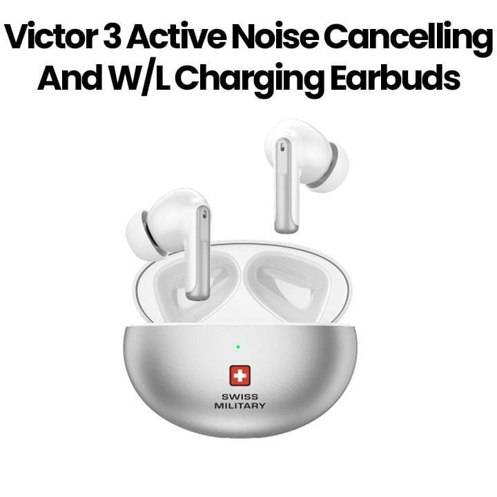 سويس ميليتاري سماعة أذن ستيريو مع شحن لاسلكي وإلغاء الضوضاء ANC & ENC لون فضي SM-TWS-VICTOR3-ANC-ENC