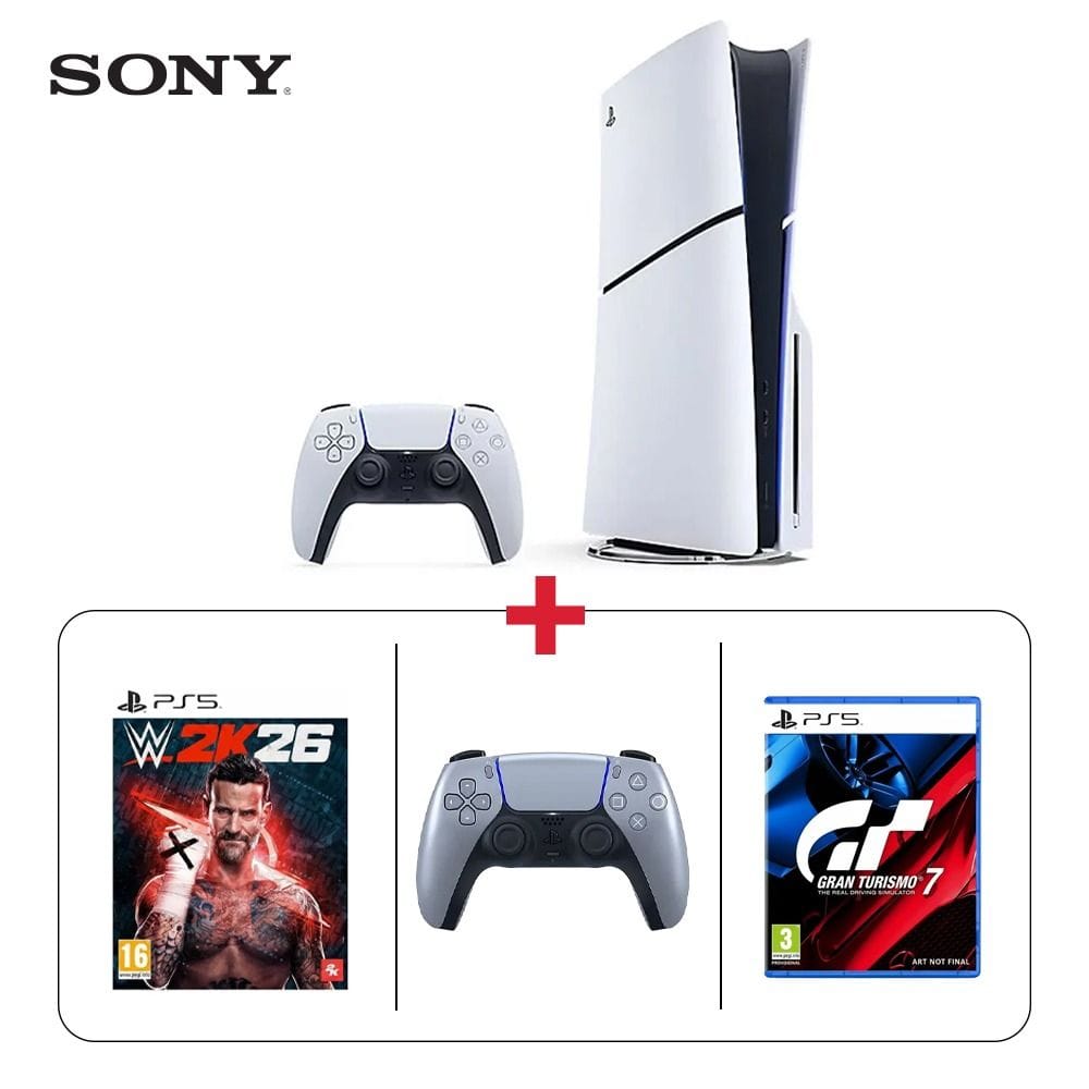 Sony PlayStation 5 Slim 1TB Disc Console White + Sony DualSense Wireless Controller Silver + WWE 2K26 PS5 + Gran Turismo 7 PS5 - Ultimate Gaming Bundle (603001000001523 + 603001000013352 + 603001000016195 + 603001000016201)
