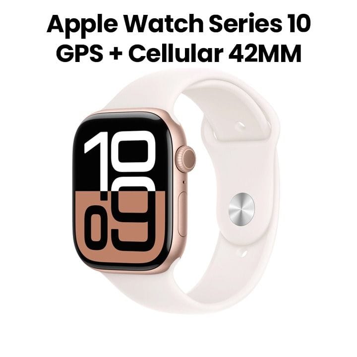 ساعة ابل سيريس 10 GPS + خلوي 42 مم هيكل المنيوم وردي ذهبي مع حزام رياضي وردي فاتح M L | MWXA3QA/A