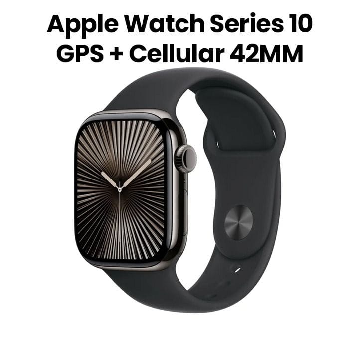 ساعة ابل سيريس 10 GPS + خلوي 42 مم هيكل التيتانيوم اسود رمادي مع حزام رياضي اسود S M | MWXG3QA/A