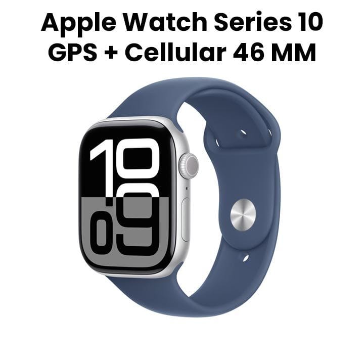 Apple Watch Series 10 GPS + Cellular S/M 46mm, Always-On Retina Display - Silver Aluminum Case With Denim Sport Band - MWY03QA/A