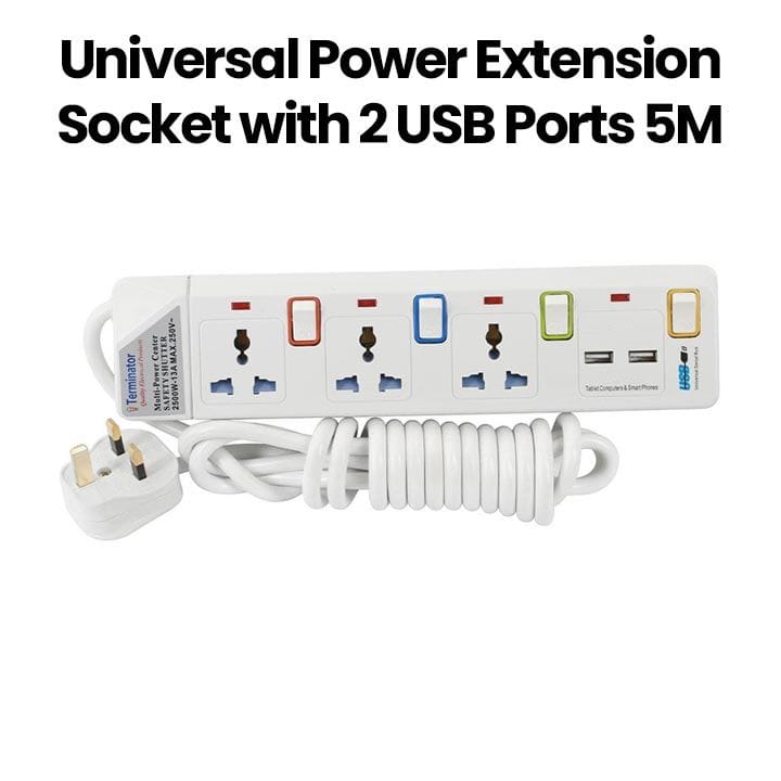 Terminator Universal Power Extension Socket with 2 USB Ports 5M White | TPB-913